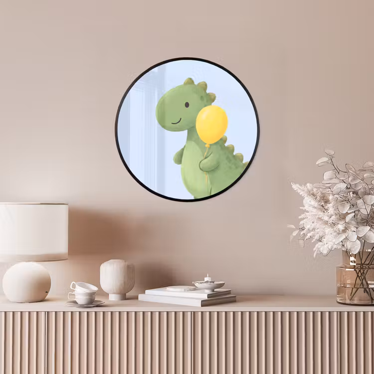 Poster im Rahmen Rund - Dinosaurier – Luftballon – Kinderzimmer – Illustration – Grün — 5