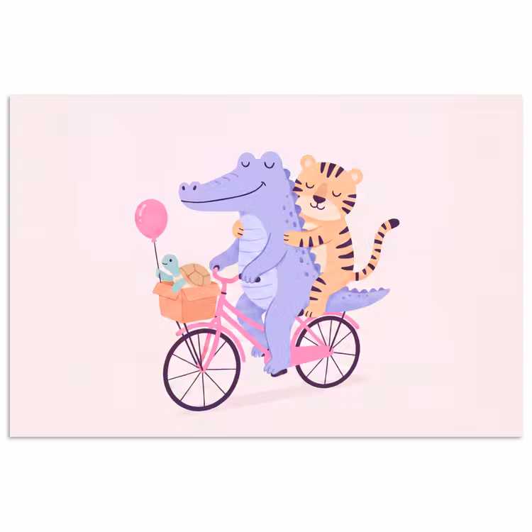 Poster - Tiere – Fahrrad – Freundschaft – Illustration – Rosa — 1