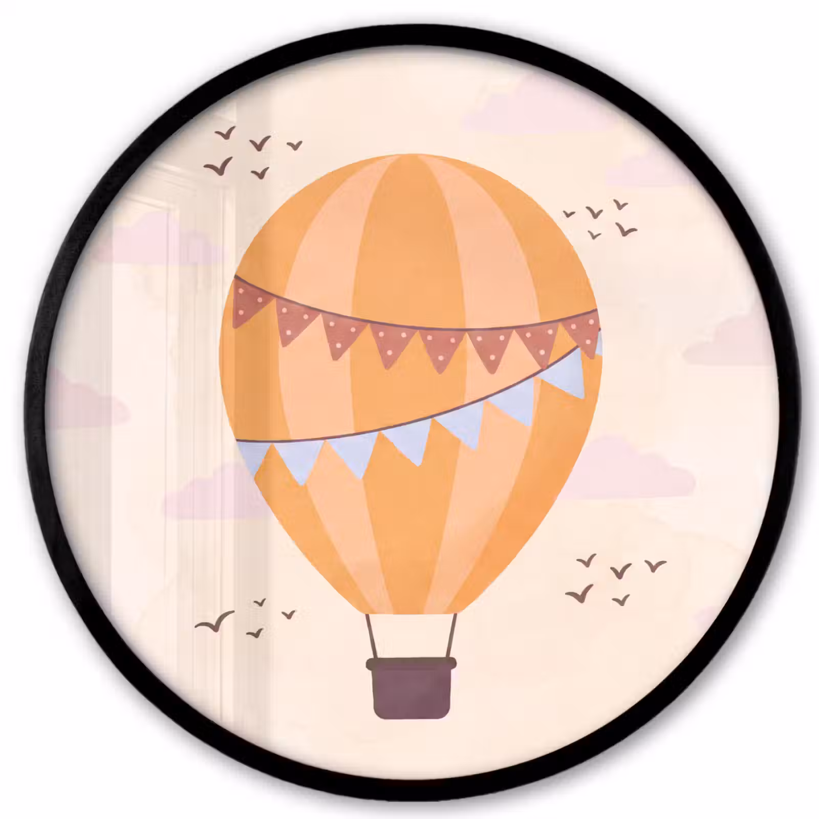 Poster im Rahmen Rund - Heißluftballon – Girlanden – Abenteuer – Illustration – Orange — 1