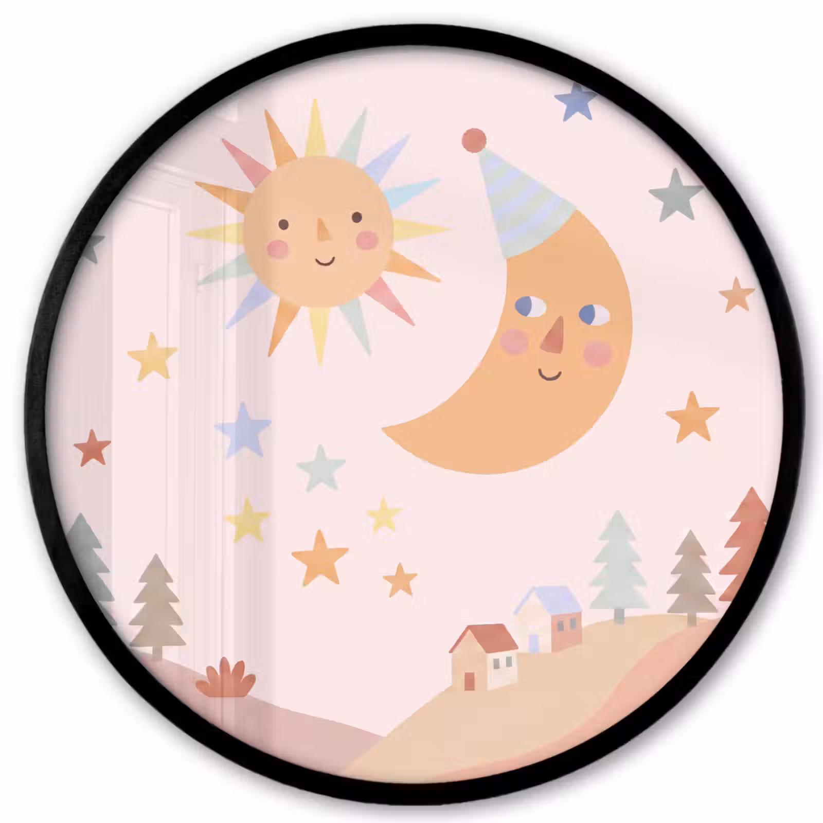 Poster im Rahmen Rund - Sonne – Mond – Sterne – Kinderzimmer – Pastell — 1