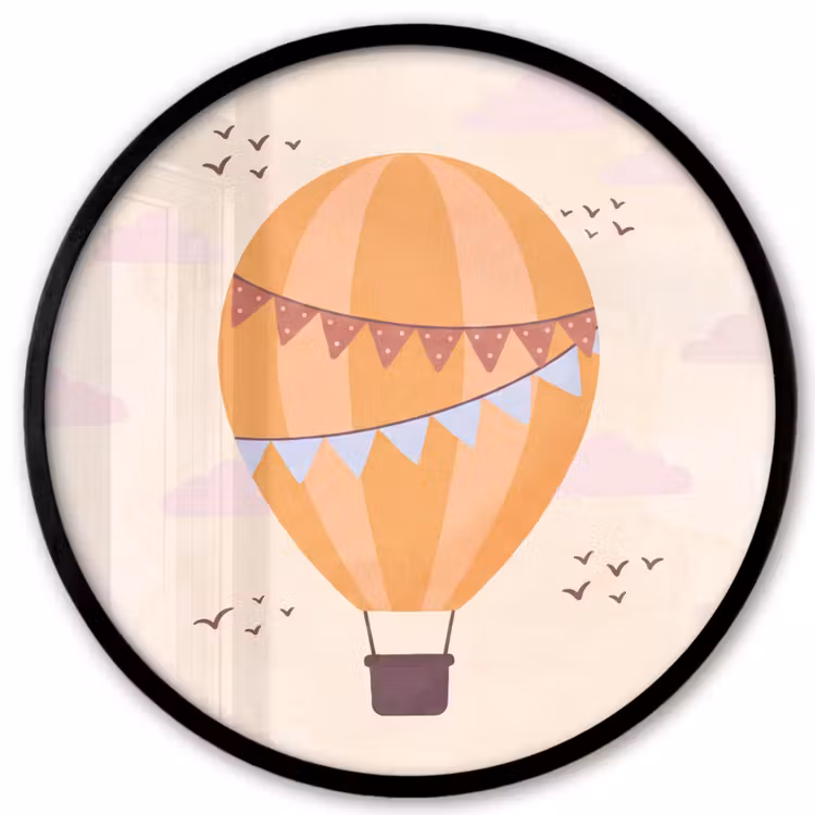 Poster im Rahmen Rund - Heißluftballon – Girlanden – Abenteuer – Illustration – Orange — 1