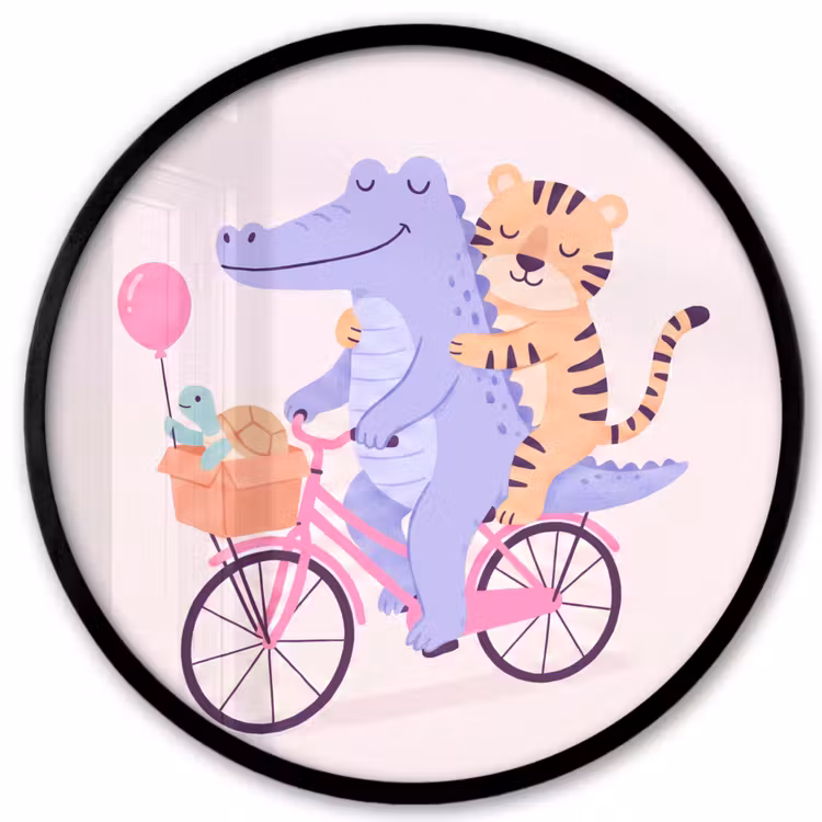 Poster im Rahmen Rund - Tiere – Fahrrad – Freundschaft – Illustration – Rosa — 1