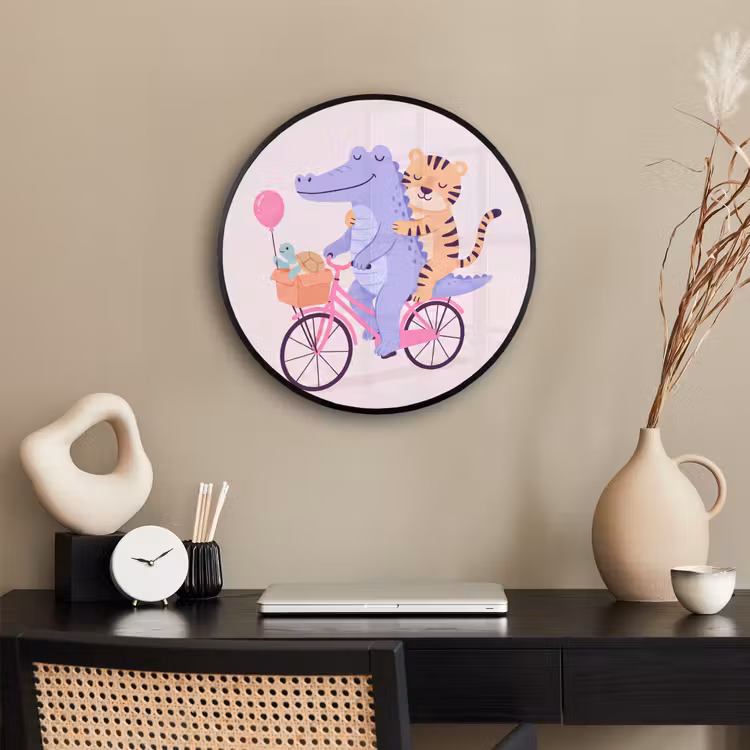 Poster im Rahmen Rund - Tiere – Fahrrad – Freundschaft – Illustration – Rosa — 3