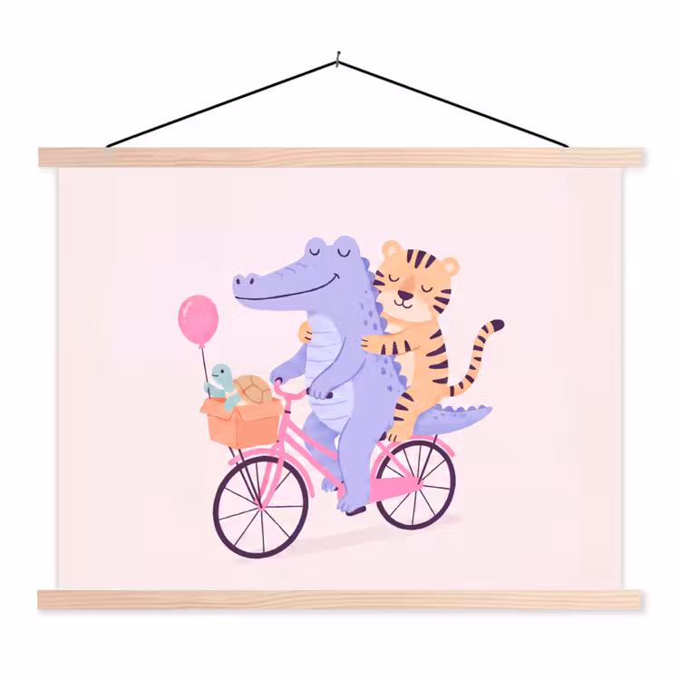 Stoffbild - Tiere – Fahrrad – Freundschaft – Illustration – Rosa — 1