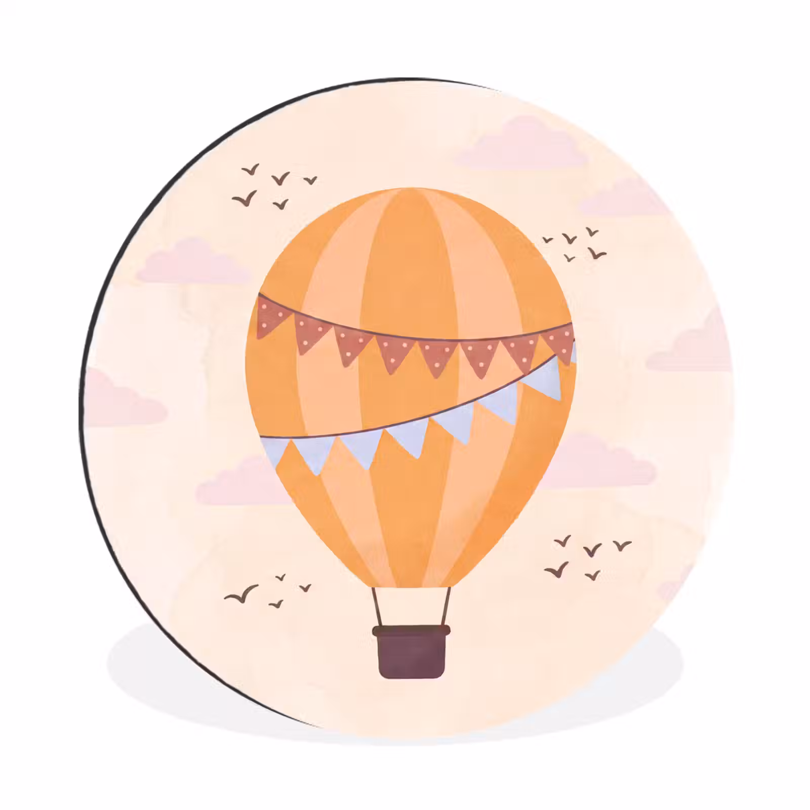 Alu-Dibond-Bild Rund - Heißluftballon – Girlanden – Abenteuer – Illustration – Orange — 1