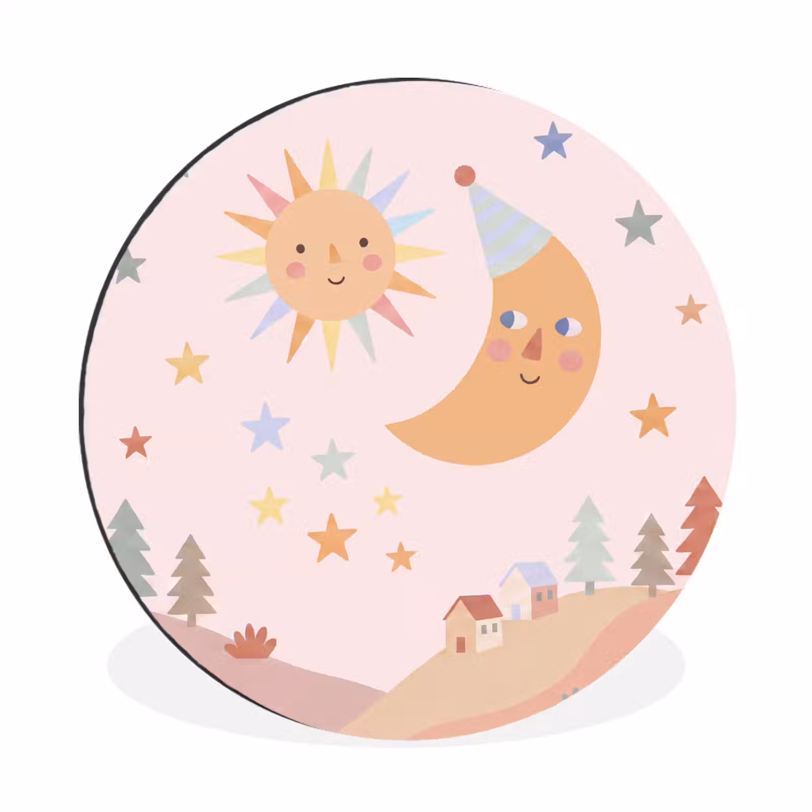 Alu-Dibond-Bild Rund - Sonne – Mond – Sterne – Kinderzimmer – Pastell — 1
