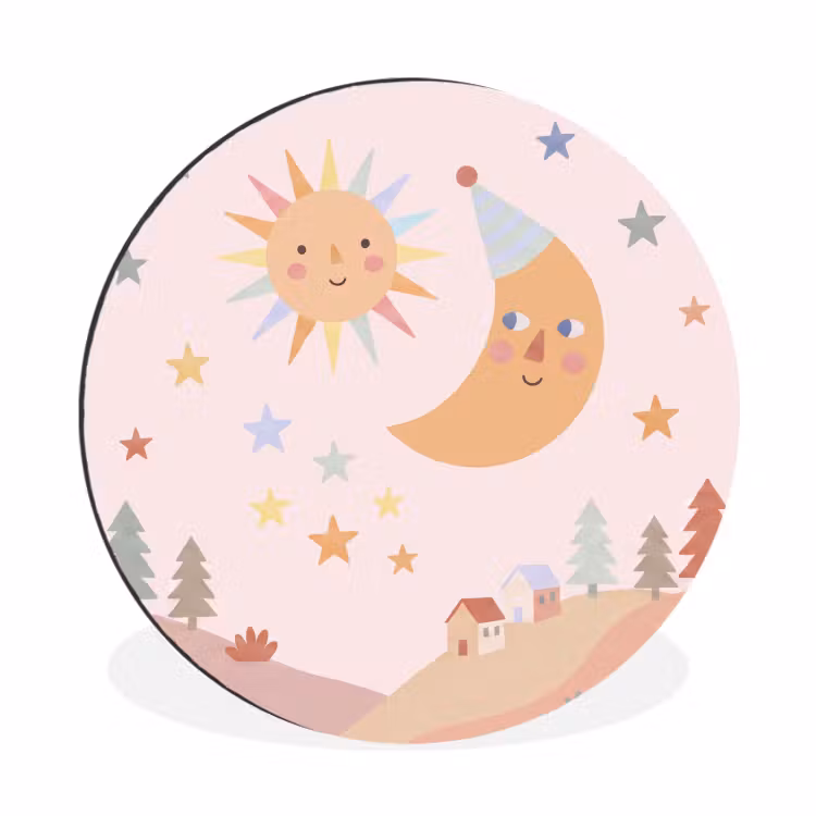 Alu-Dibond-Bild Rund - Sonne – Mond – Sterne – Kinderzimmer – Pastell — 1