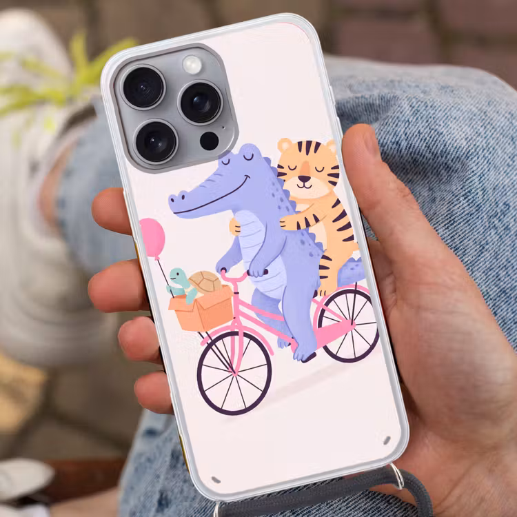 Handyhülle mit Band - Tiere – Fahrrad – Freundschaft – Illustration – Rosa — 2