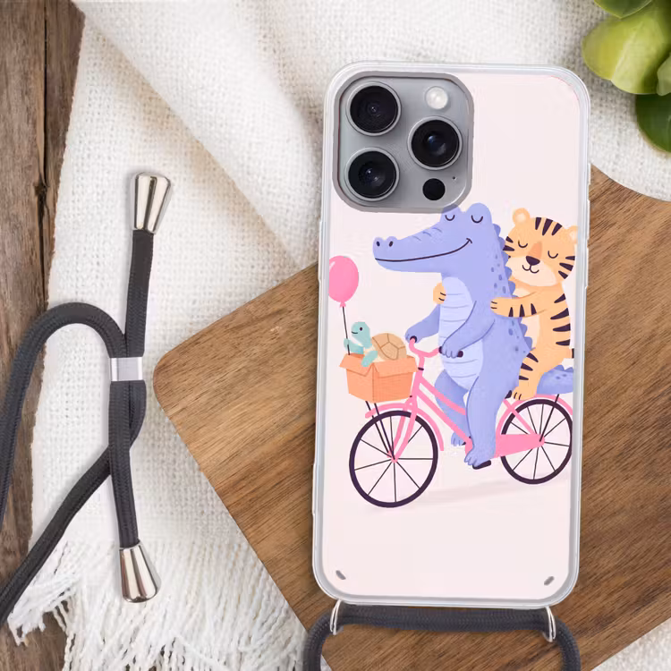 Handyhülle mit Band - Tiere – Fahrrad – Freundschaft – Illustration – Rosa — 3