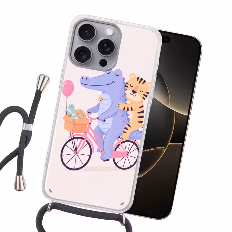 Handyhülle mit Band - Tiere – Fahrrad – Freundschaft – Illustration – Rosa — 5