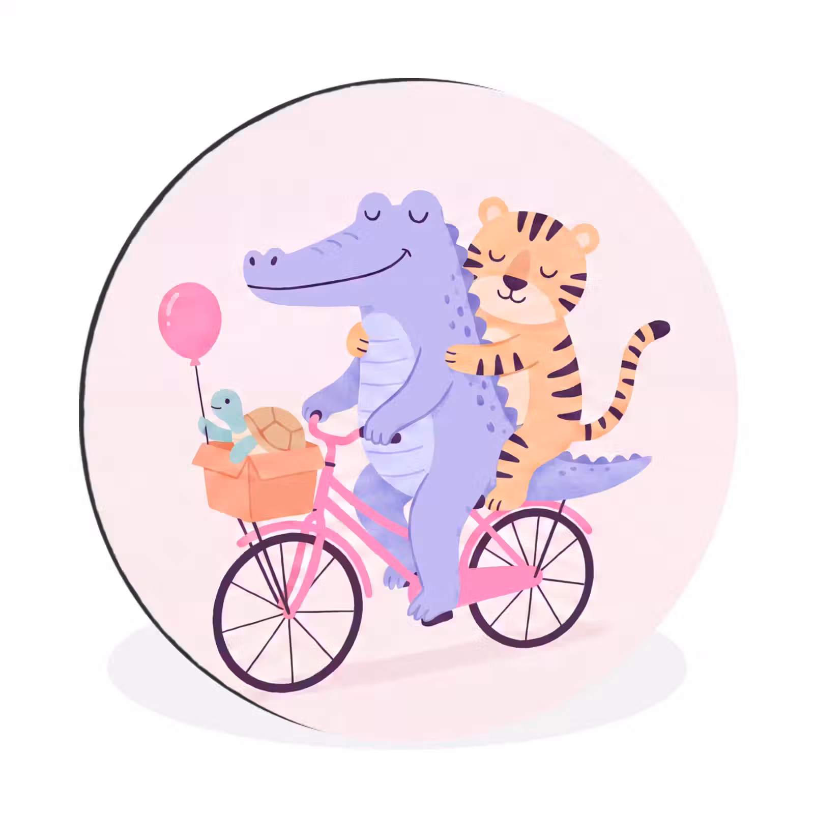 Alu-Dibond-Bild Rund - Tiere – Fahrrad – Freundschaft – Illustration – Rosa — 1