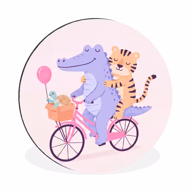 Alu-Dibond-Bild Rund - Tiere – Fahrrad – Freundschaft – Illustration – Rosa — 1
