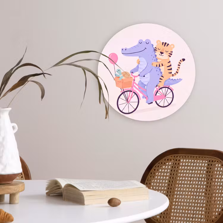 Glasbild Rund - Tiere – Fahrrad – Freundschaft – Illustration – Rosa — 4