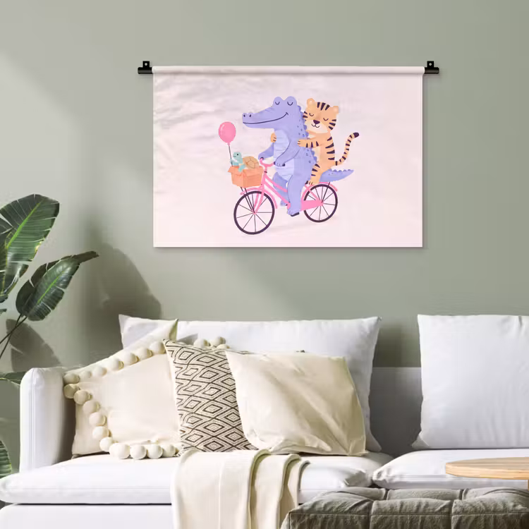 Wandteppich - Tiere – Fahrrad – Freundschaft – Illustration – Rosa — 4