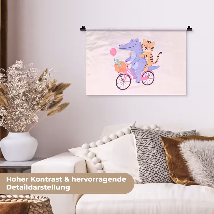 Wandteppich - Tiere – Fahrrad – Freundschaft – Illustration – Rosa — 6