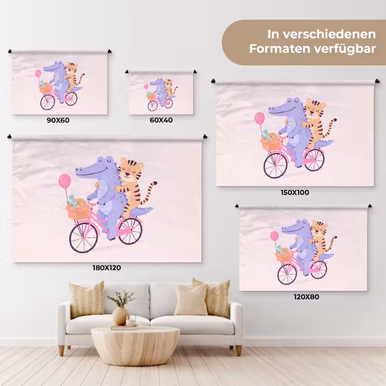 Wandteppich - Tiere – Fahrrad – Freundschaft – Illustration – Rosa — 8