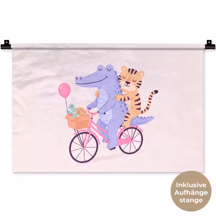 Wandteppich - Tiere – Fahrrad – Freundschaft – Illustration – Rosa — 9