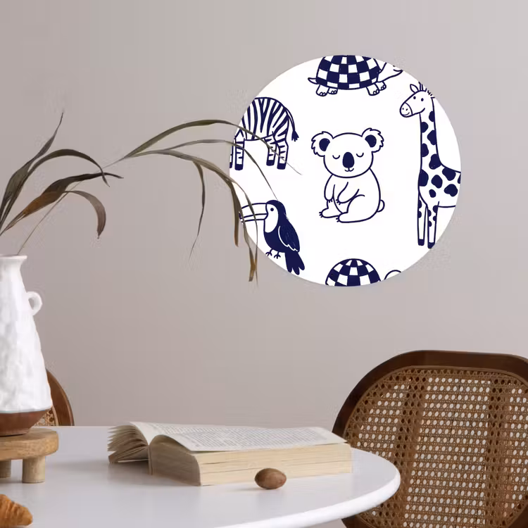 Runde Tapete - Tiere – Muster – Kinderzimmer – Grafisch – Weiß-Blau — 4