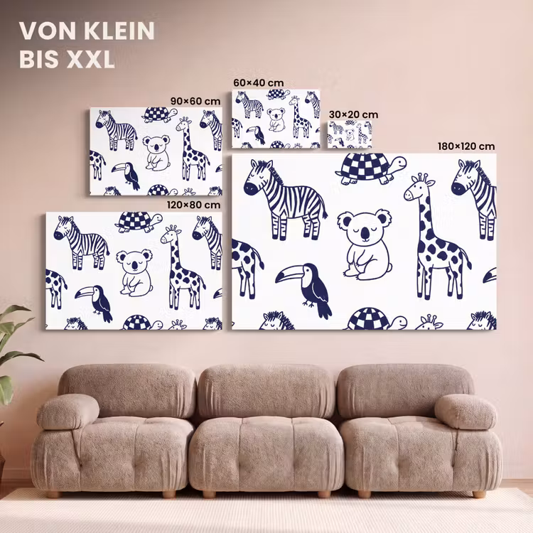 Leinwandbild - Tiere – Muster – Kinderzimmer – Grafisch – Weiß-Blau — 6