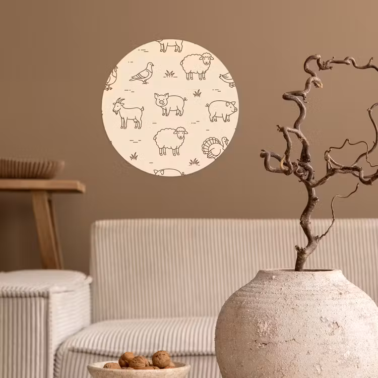 Runde Tapete - Tiere – Muster – Bauernhof – Minimalistisch – Beige — 2