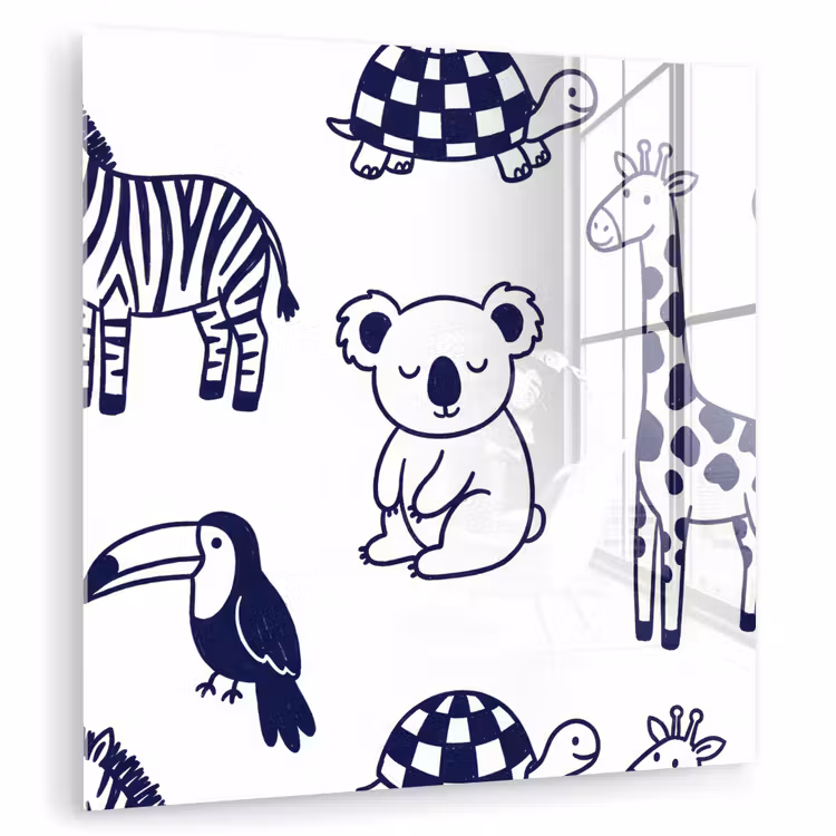 Glasbild - Tiere – Muster – Kinderzimmer – Grafisch – Weiß-Blau — 1