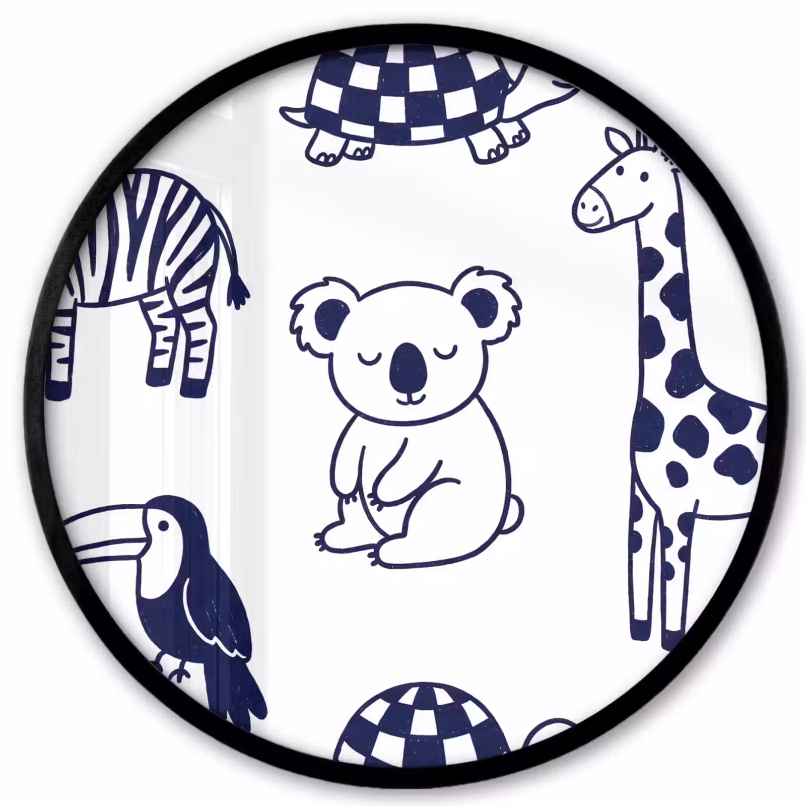 Poster im Rahmen Rund - Tiere – Muster – Kinderzimmer – Grafisch – Weiß-Blau — 1
