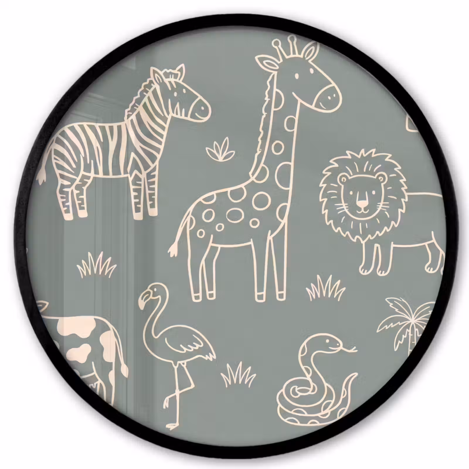 Poster im Rahmen Rund - Tiere – Safari – Muster – Illustration – Grün — 1