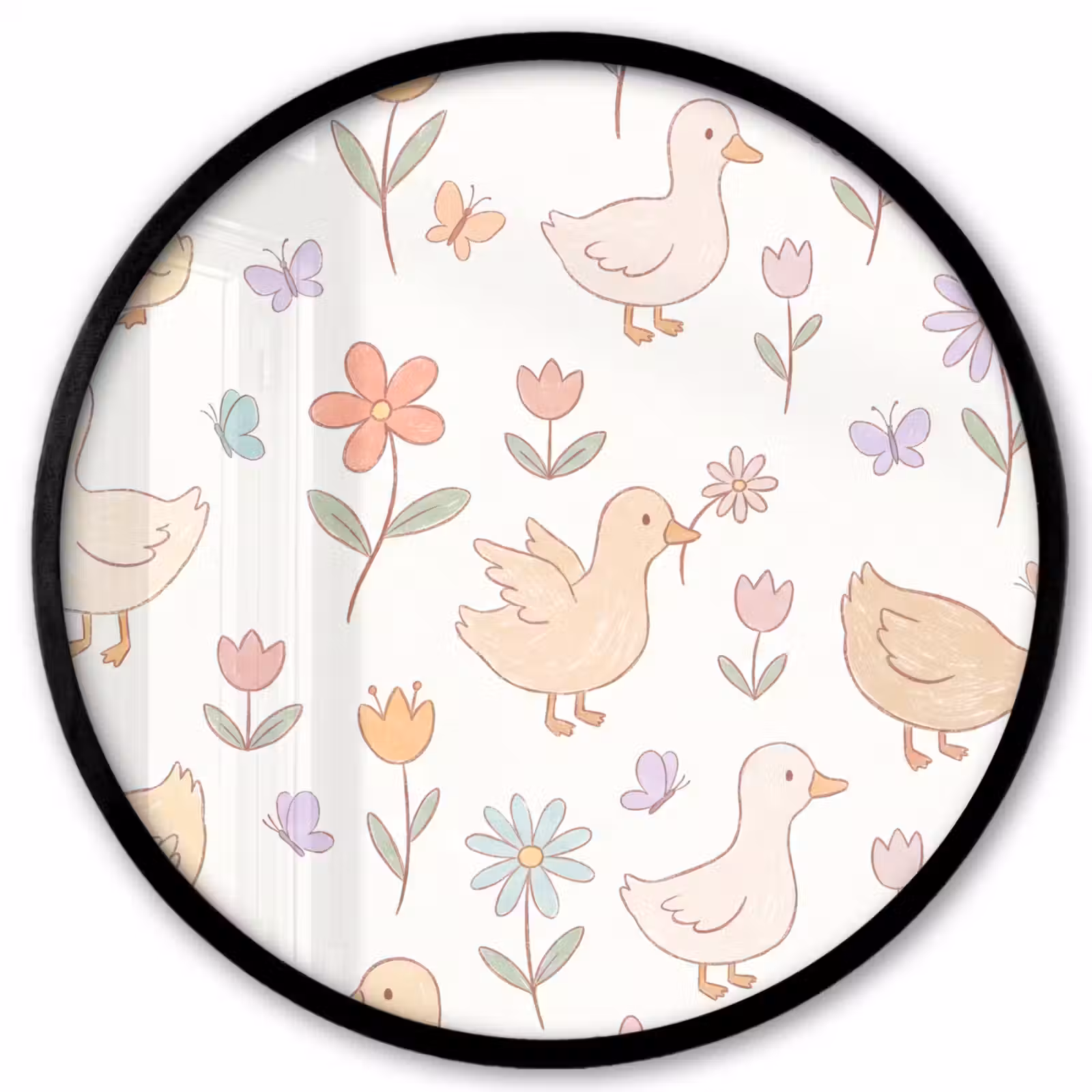 Poster im Rahmen Rund - Vogel – Blumen – Muster – Pastell – Tiere — 1