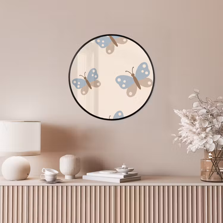 Poster im Rahmen Rund - Insekt – Schmetterlingsmuster – Abstrakt – Blau – Beige — 5