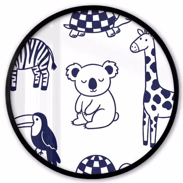 Poster im Rahmen Rund - Tiere – Muster – Kinderzimmer – Grafisch – Weiß-Blau — 1