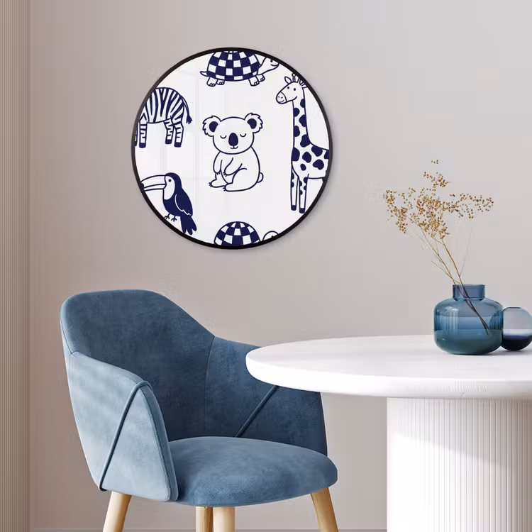 Poster im Rahmen Rund - Tiere – Muster – Kinderzimmer – Grafisch – Weiß-Blau — 4