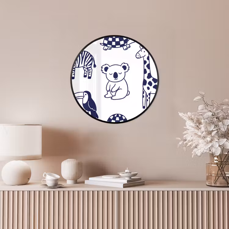 Poster im Rahmen Rund - Tiere – Muster – Kinderzimmer – Grafisch – Weiß-Blau — 5