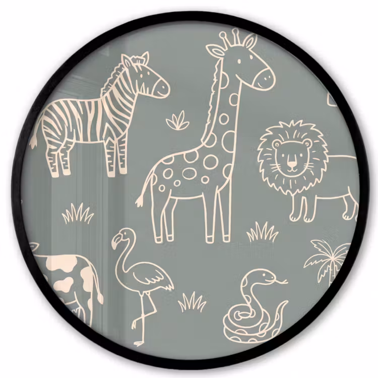 Poster im Rahmen Rund - Tiere – Safari – Muster – Illustration – Grün — 1