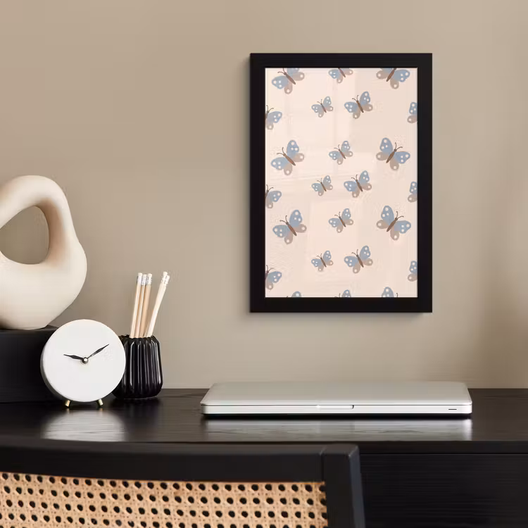 Bilder mit Rahmen - Insekt – Schmetterlingsmuster – Abstrakt – Blau – Beige — 2