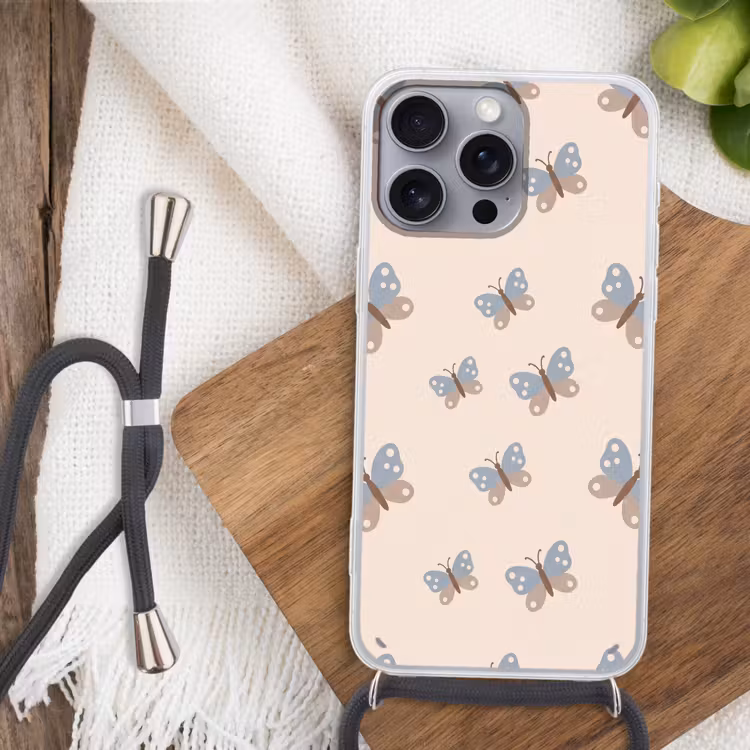 Handyhülle mit Band - Insekt – Schmetterlingsmuster – Abstrakt – Blau – Beige — 3