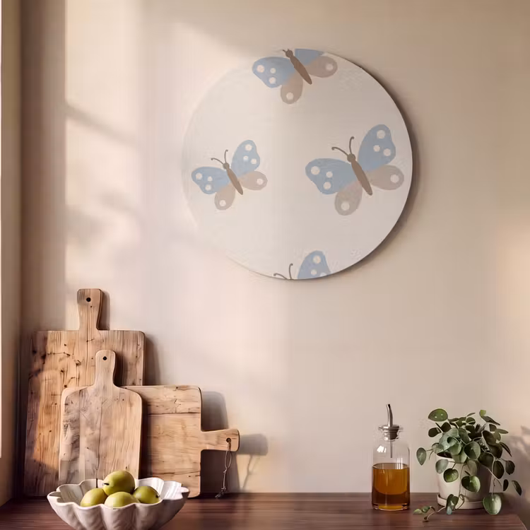 Akustikbild - Rund - Insekt – Schmetterlingsmuster – Abstrakt – Blau – Beige — 4
