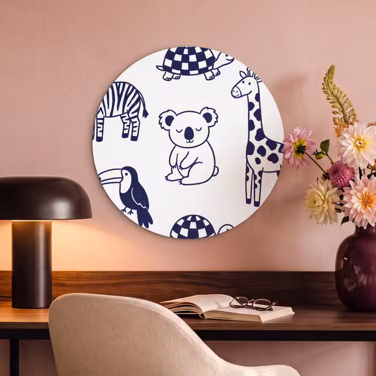 Akustikbild - Rund - Tiere – Muster – Kinderzimmer – Grafisch – Weiß-Blau — 6