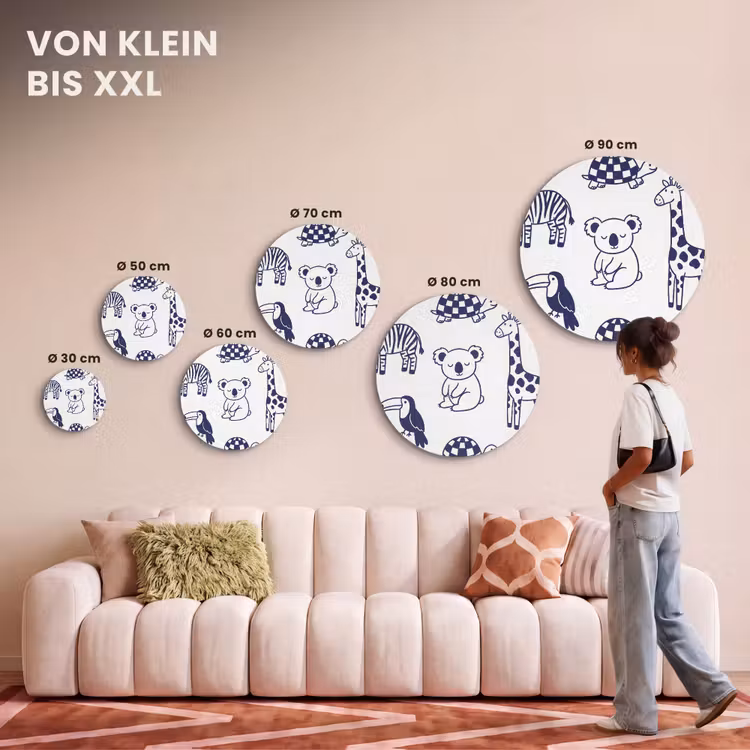 Akustikbild - Rund - Tiere – Muster – Kinderzimmer – Grafisch – Weiß-Blau — 7