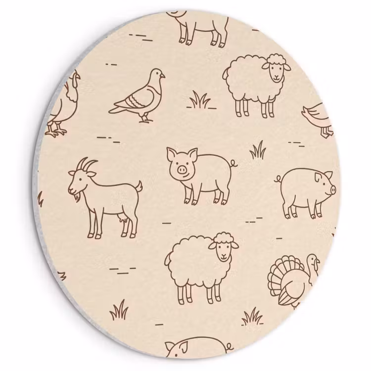 Akustikbild - Rund - Tiere – Muster – Bauernhof – Minimalistisch – Beige — 1