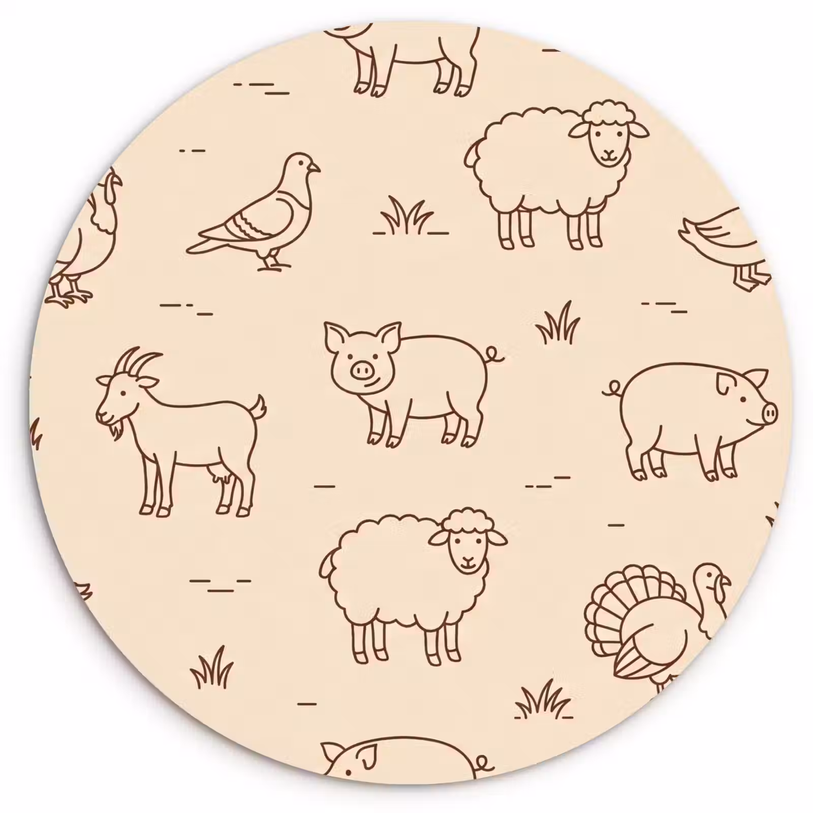Glasbild Rund - Tiere – Muster – Bauernhof – Minimalistisch – Beige — 1