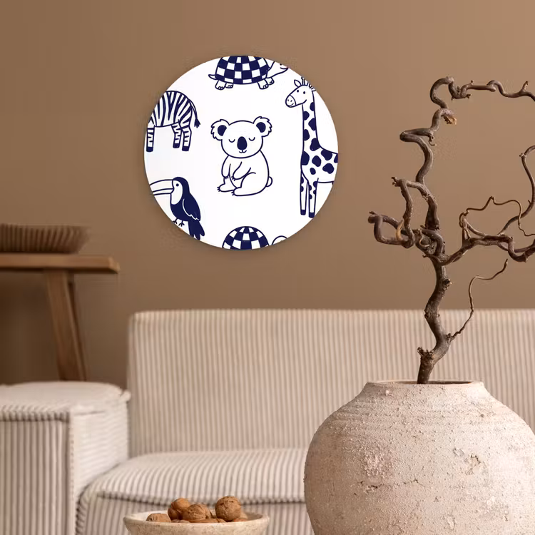 Glasbild Rund - Tiere – Muster – Kinderzimmer – Grafisch – Weiß-Blau — 2