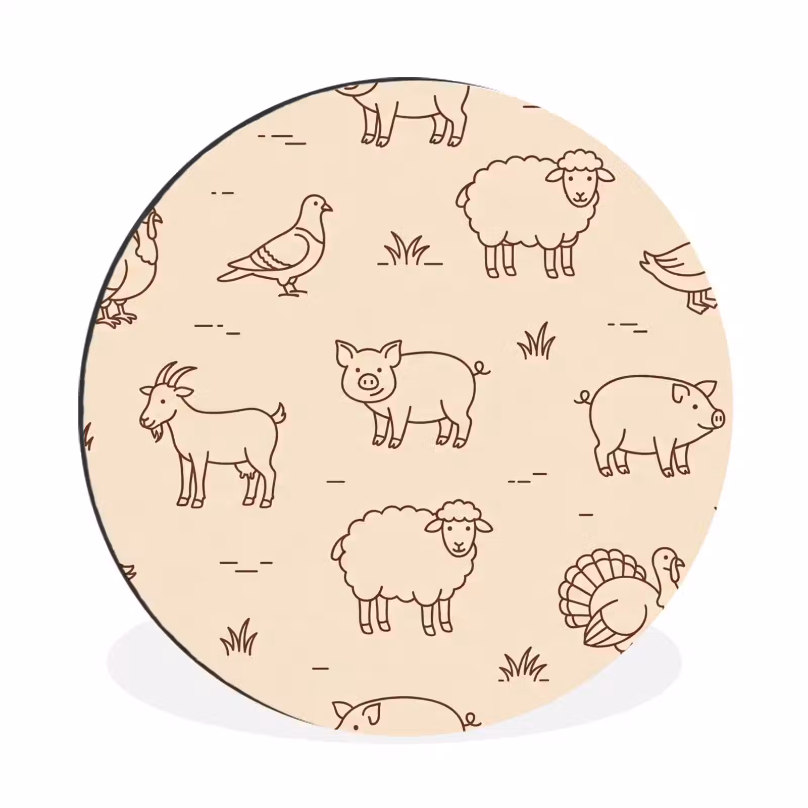 Alu-Dibond-Bild Rund - Tiere – Muster – Bauernhof – Minimalistisch – Beige — 1