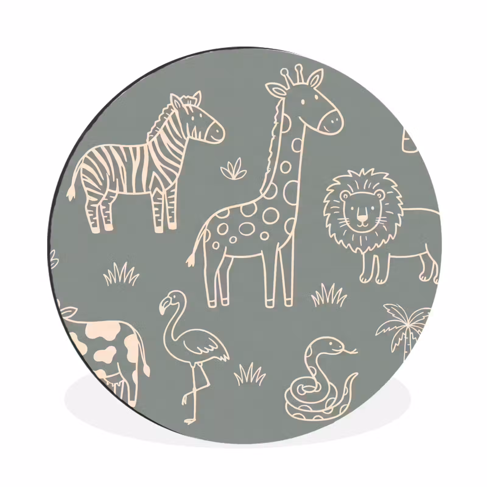 Alu-Dibond-Bild Rund - Tiere – Safari – Muster – Illustration – Grün — 1