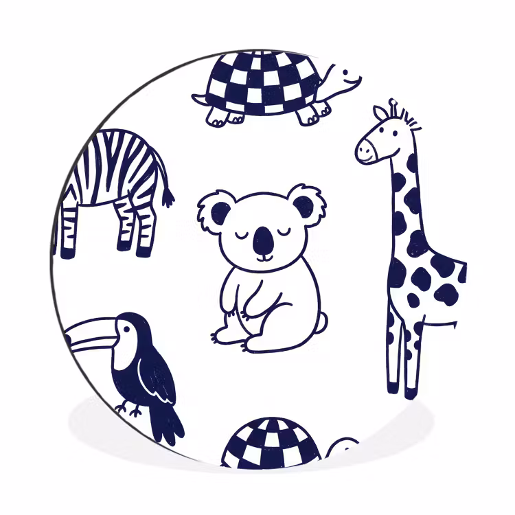 Alu-Dibond-Bild Rund - Tiere – Muster – Kinderzimmer – Grafisch – Weiß-Blau — 1