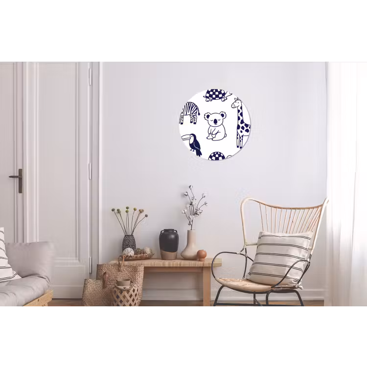 Alu-Dibond-Bild Rund - Tiere – Muster – Kinderzimmer – Grafisch – Weiß-Blau — 2