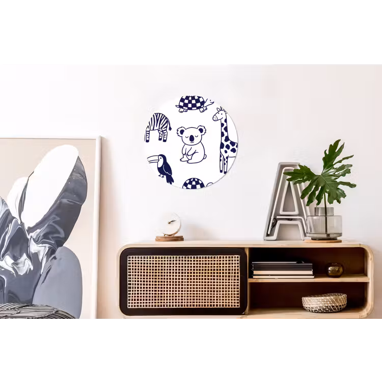 Alu-Dibond-Bild Rund - Tiere – Muster – Kinderzimmer – Grafisch – Weiß-Blau — 3