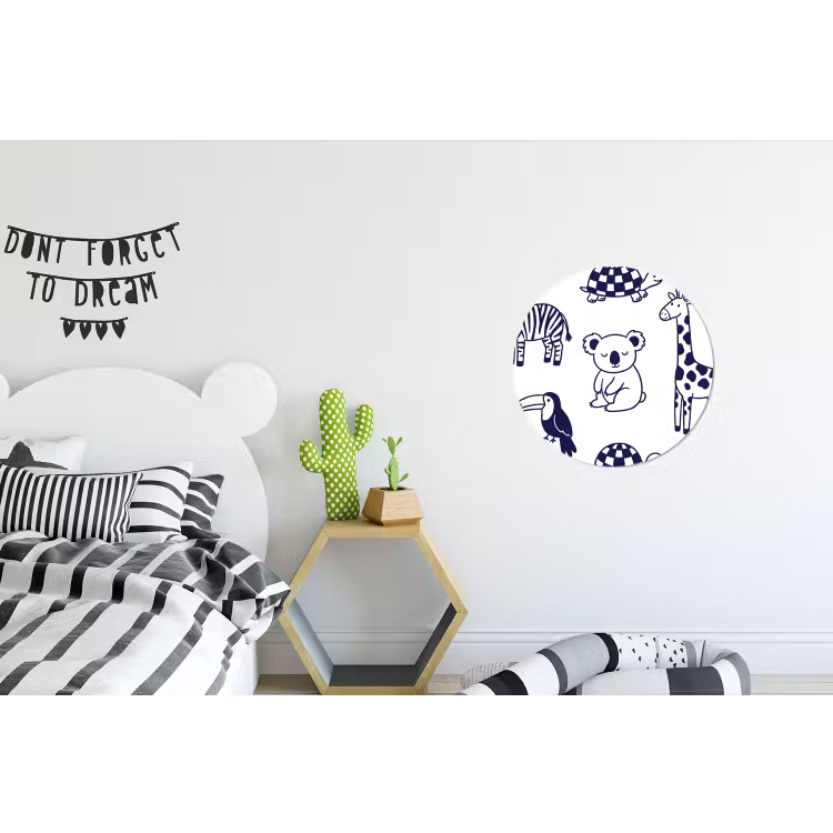 Alu-Dibond-Bild Rund - Tiere – Muster – Kinderzimmer – Grafisch – Weiß-Blau — 4