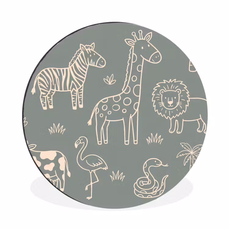 Alu-Dibond-Bild Rund - Tiere – Safari – Muster – Illustration – Grün — 1