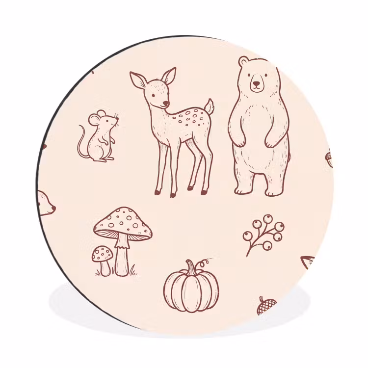Alu-Dibond-Bild Rund - Tiere – Wald – Natur – Skizze – Muster — 1