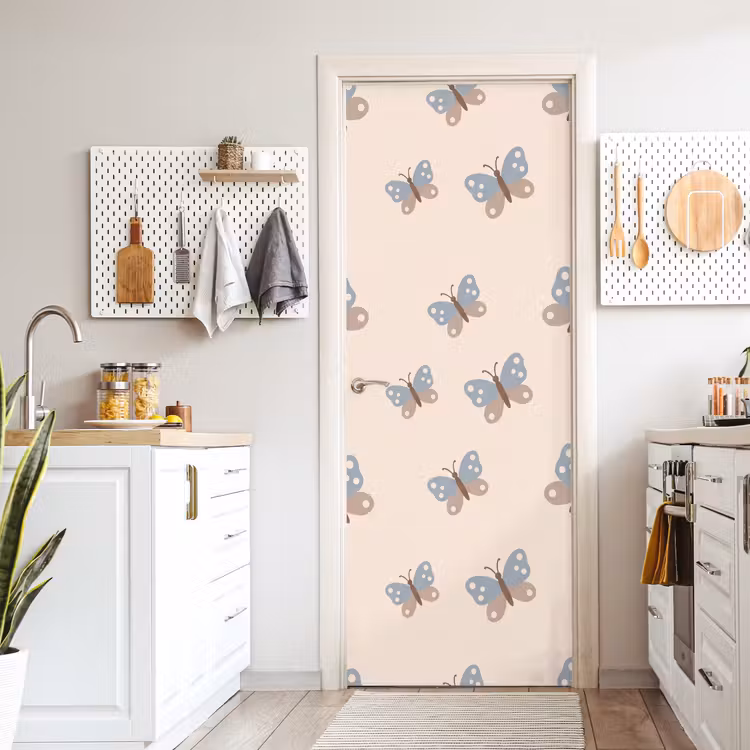 Türtapete - Insekt – Schmetterlingsmuster – Abstrakt – Blau – Beige — 6